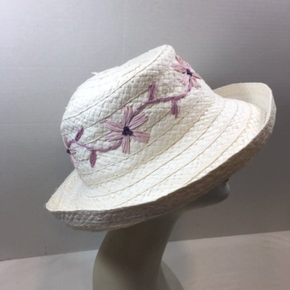White Woven Sun Hat w/Purple Embroidered Flowers - Picture 4 of 14